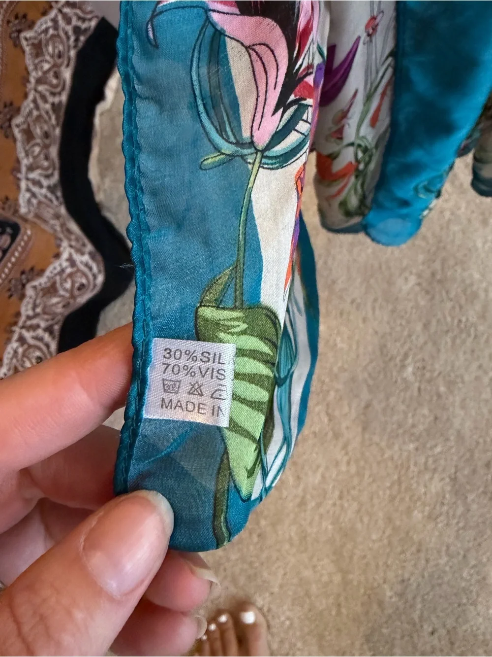 Floral Lightweight Botanical Scarf in Teal Trim vintage silk
